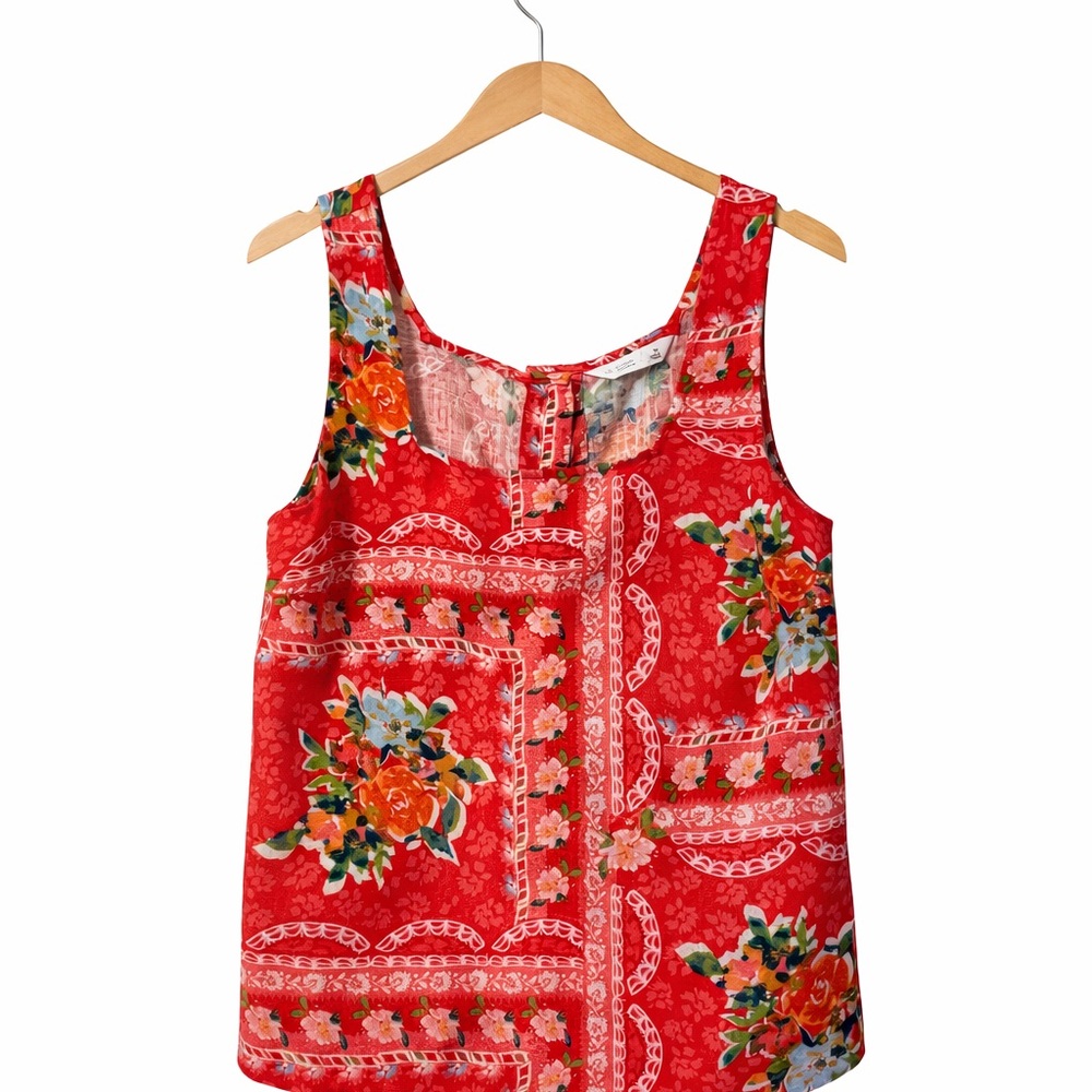 LC Lauren Conrad Linen Blend Red Floral Scoop Tank with Patchwork Print